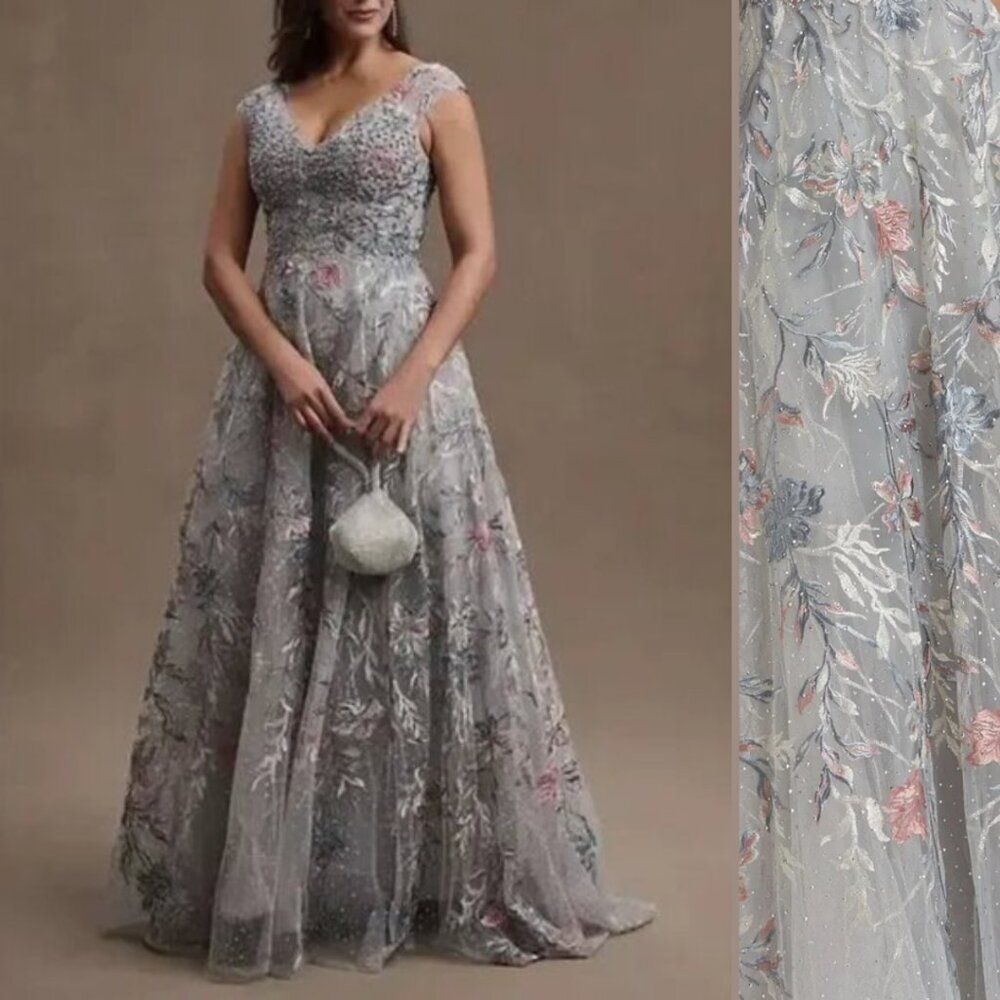 Mac Duggal 20263 Womens Size 10 Silver Pink Floral Embroidery Gown Maxi Dress